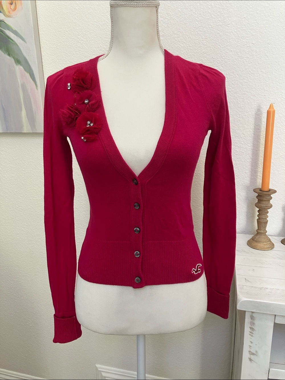 Y2k Hollister Fuchsia Floral Appliqué V-Neck Cardigan